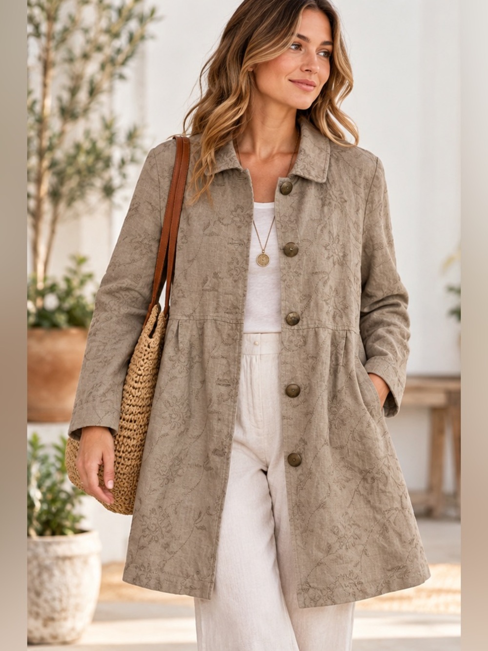 J. Jill Taupe Floral Jacquard Trench Coat